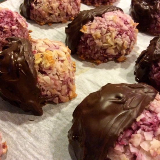 Chocolate-Dipped Raspberry Coconut Macaroons