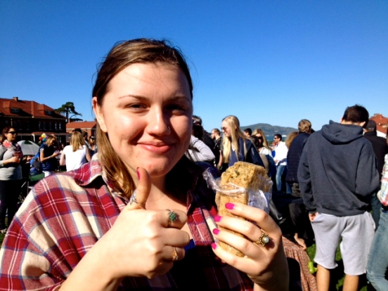 Marybeth enjoying our 'Nutty Seed Bread' at Off the Grid: Picnic at the Presidio
